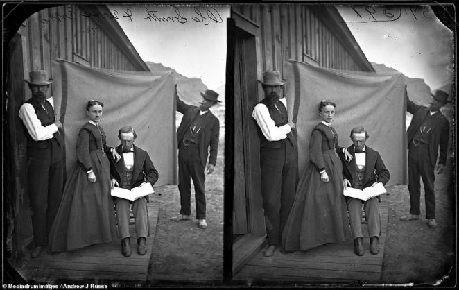 Here, O.C. Smith, a cashier for the Union Pacific Railroad, and his wife pose for a photo as two other men hold up a screen behind them. The exhibition launch coincides with the 150th anniversary of the railroad's completion. Drew Johnson, Curator of Photography and Visual Culture at the Oakland Museum of California said: 'Andrew J. Russell remains one of the most influential landscape photographers who brought the American West to a mass audience in the 19th century, and whose work continues to shape our perceptions of this important period'