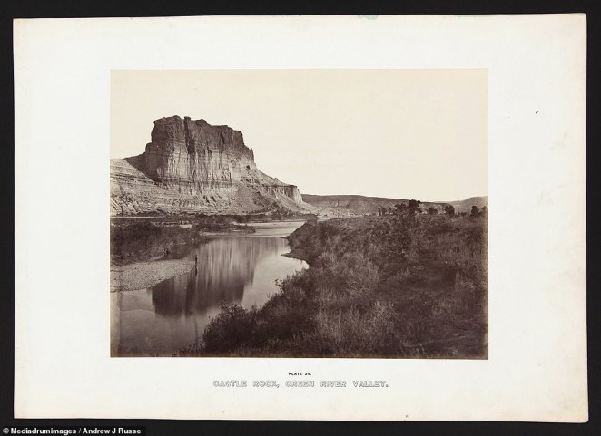 Russell captured the beauty of basically untouched landscapes in his photographs, including this shot of a man fishing at Castle Rock in the Green River valley. Shortly after the railroad was finished, John Wesley Powell began his three-month journey along the Green and Colorado rivers near here, and famously became the first white man to travel through the entire Grand Canyon on record
