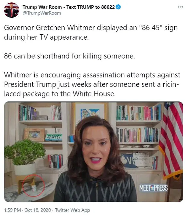 After the interview, Trump's campaign quickly seized on a single item that was spotted on a table in the background of Whitmer's interview: A pin with the numbers '8645' on it