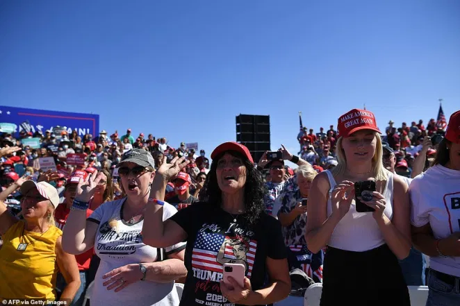 Four more years: Supporters chanted in unison for the president as he spoke, many of them ignoring public health advice to eschew masks for the rally