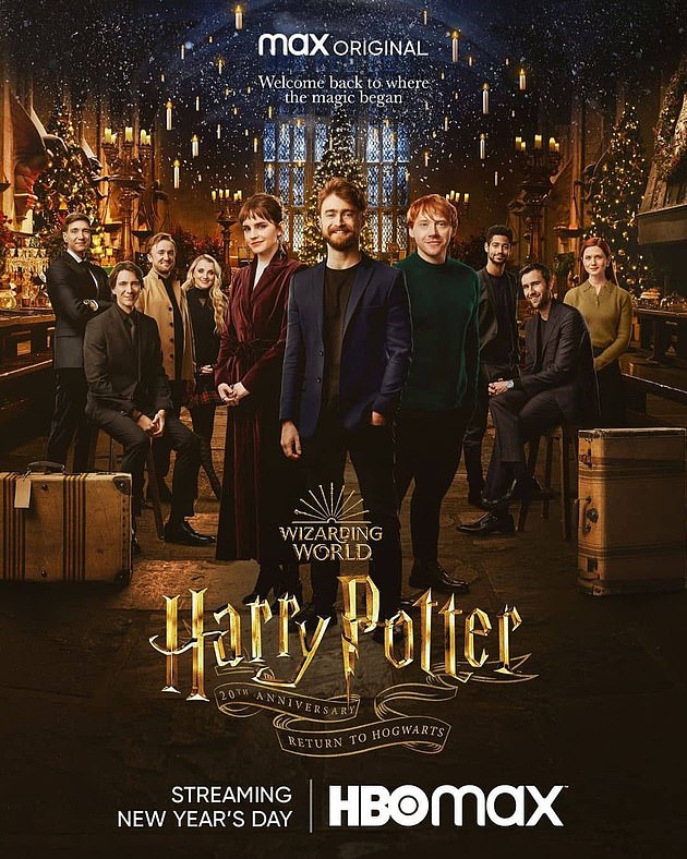 Open: A teaser for the New Year's Day special, shows Bonnie Wright, (far right) who played Ginny Weasley. Daniel Radcliffe, (centre) who starred as the titular character and the man behind Hagrid, Robbie Coltrane, discussing the author