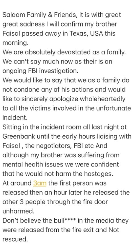 His younger sibling Gulbar said he and other relatives were called into Greenbank police station in Blackburn to speak with his older brother, who was armed and claimed to be carrying a bomb.