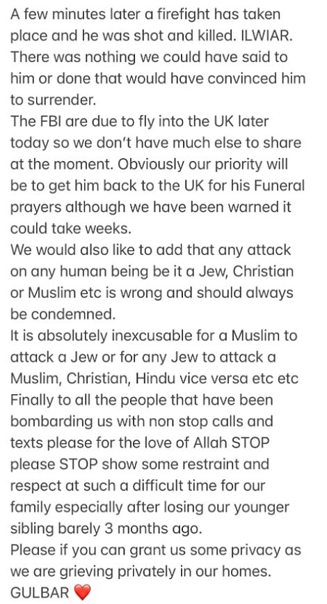 His younger sibling Gulbar said he and other relatives were called into Greenbank police station in Blackburn to speak with his older brother, who was armed and claimed to be carrying a bomb.