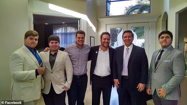 Matt Gaetz (third from left), with Joel Greenberg (center) and Ron DeSantis (second from right) in a picture from 2018. Greenberg, a former Florida county tax collector and associate of Gaetz's, introduced Gaetz to a woman he had a sexual relationship with when she allegedly was 17-years-old