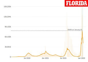 In Florida, the record of 78,449 cases seen on January 7 has sunk sharply to 40,848 infections on January 16