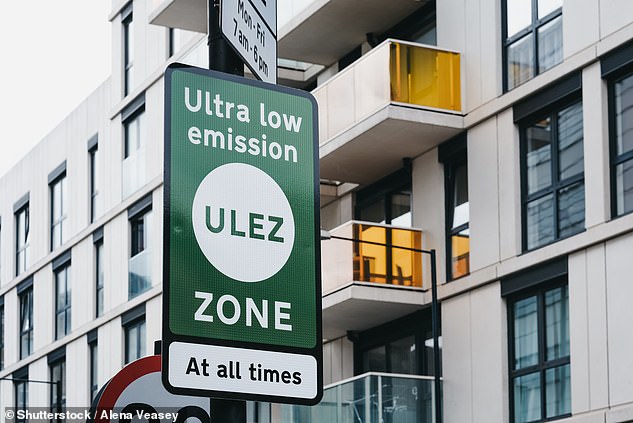 Signs indicating Ultra Low Emission Zone (ULEZ) on a street in London. Research commissioned by Mr Khan found that a 27 per cent reduction in London¿s car traffic is required by 2030 to meet net-zero ambitions