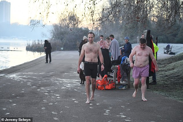 He was joined in the water by former Lord Chancellor Robert Buckland and Lord Bethell, who was a junior health minister under him when in government.