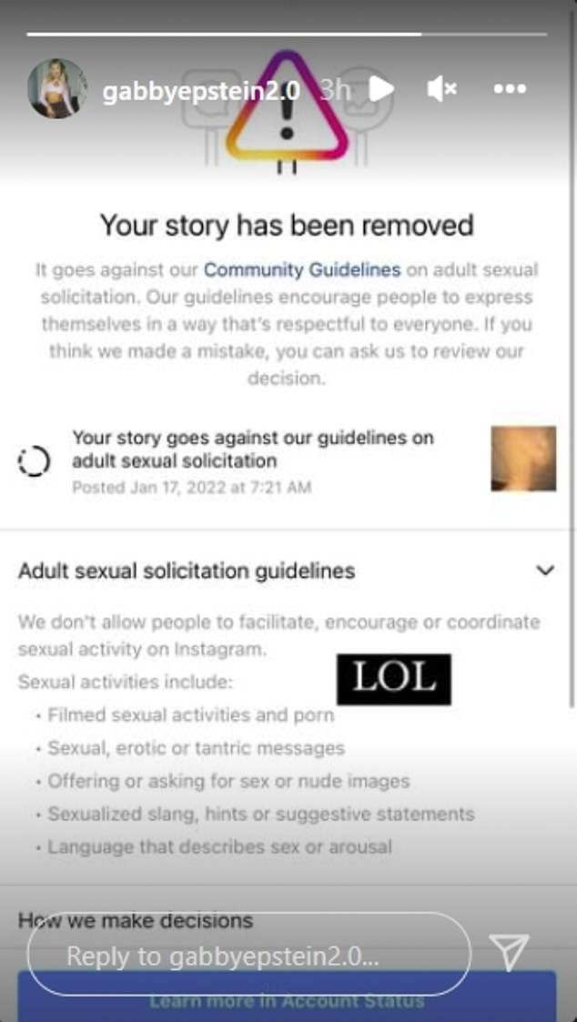 Alert: She shared this screenshot of the automated alert she'd received from Instagram telling her the photo had been removed. Instagram broadly defines 'adult sexual solicitation' as any content that allows users to 'facilitate, encourage or coordinate sexual activity'