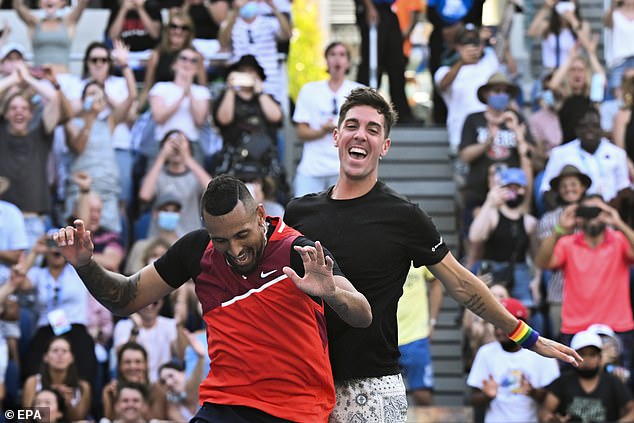 The Nick Kyrgios and Thanasi Kokkinakis show will be back on court on Tuesday in the men's doubles quarter-finals (pictured, the pair celebrate after winning on Sunday)