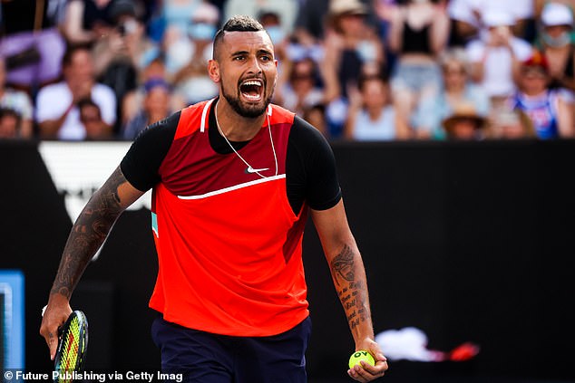 Kyrgios (pictured in his doubles match on Sunday) wears his heart on his sleeve on the court