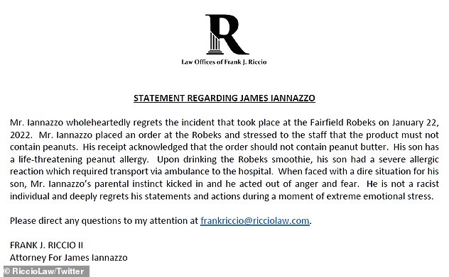 Attorney Frank Riccio, who is representing Iannazzo, said his client was not racist but his 'paternal instinct' had kicked in