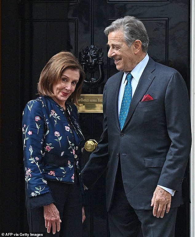 Just days after Pelosi (left) came out against stock trading regulations last month, it was revealed that her husband Paul (right) traded millions of dollars in tech stocks. The Pelosi's pose outside Downing Street in London on September 16, 2021 during a trip there to meet with Boris Johnson