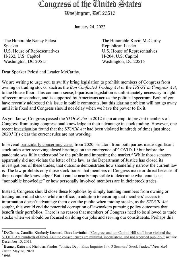 The letter, penned by Democratic Rep. Jared Golden from Maine, reads: 'Perhaps this means some of our colleagues will miss out on lucrative investment opportunities. We don't care. We came to Congress to serve our country, not turn a quick buck'