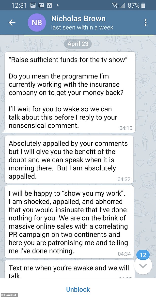 He shot back at her, accusing her of being 'patronizing' and claiming to be on the 'brink of massive sales'