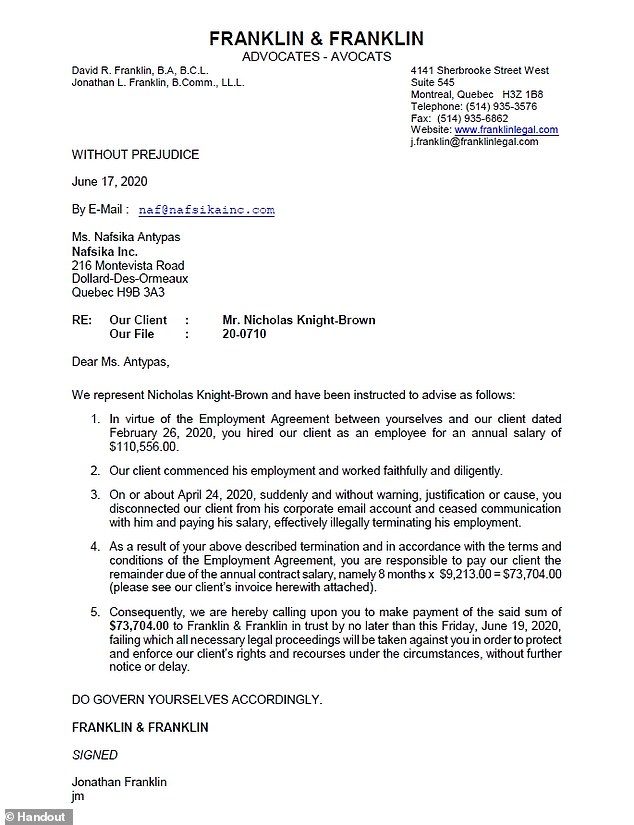 A letter from 'Jonathan Franklin', claiming to be Alahverdian's lawyer, demanded $73,000 from Antypas. It said she owed him money to cover the remainder of his yearly salary, even though he was hired as a freelancer
