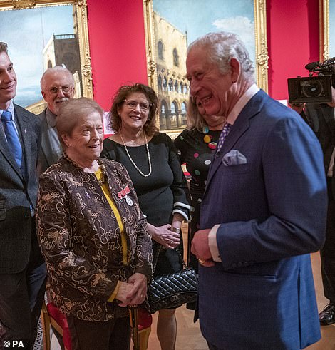 The Prince of Wales is pictured chatting with Holocaust survivor Rachel Levy