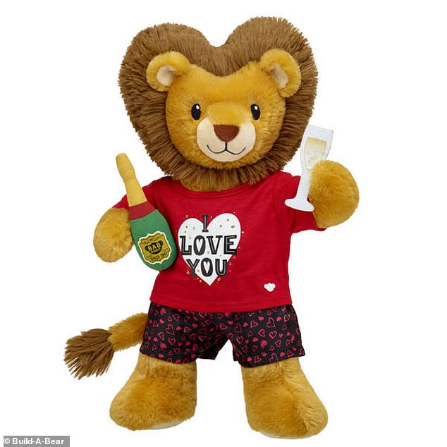 The $39 Lovable Lion I Love You Gift Set comes with a bottle of champagne and a full glass. It also wears the silk boxers