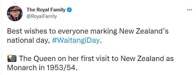 'Best wishes to everyone marking New Zealand’s national day, #WaitangiDay', the post's caption read (pictured)