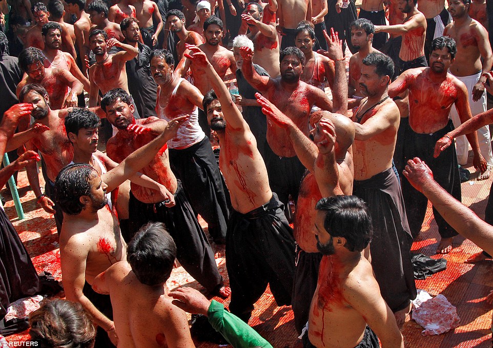 Men in Ajmer in India's north are dripping in blood after mass self-flagellation on October 12 
