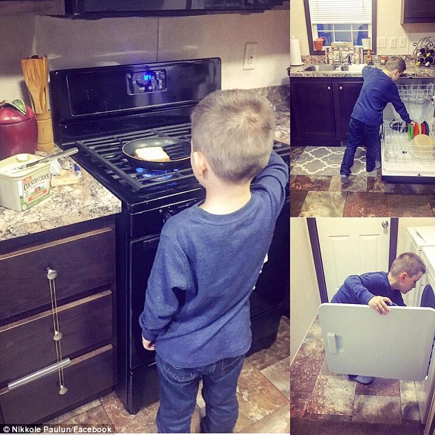Well-behaved: Reality star Nikkole Paulun, 23, from Monroe, Michigan, said her six-year-old son Lyle, pictured, can already cook, load the dishwasher and the washing machine