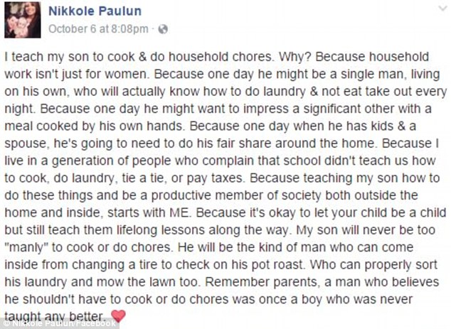 Inspiration: Her Facebook post on the subject has become an online hit and even prompted other mothers to share pictures of their sons doing chores