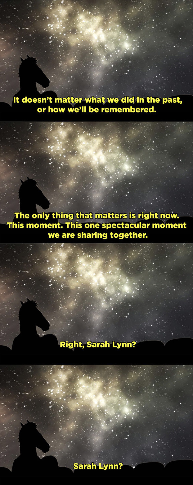 BoJack and Sarah are sitting and staring at the stars. He tells her that the only things that matter is this moment they're sharing together, not their mistakes or the things they'll be remembered for; then she dies