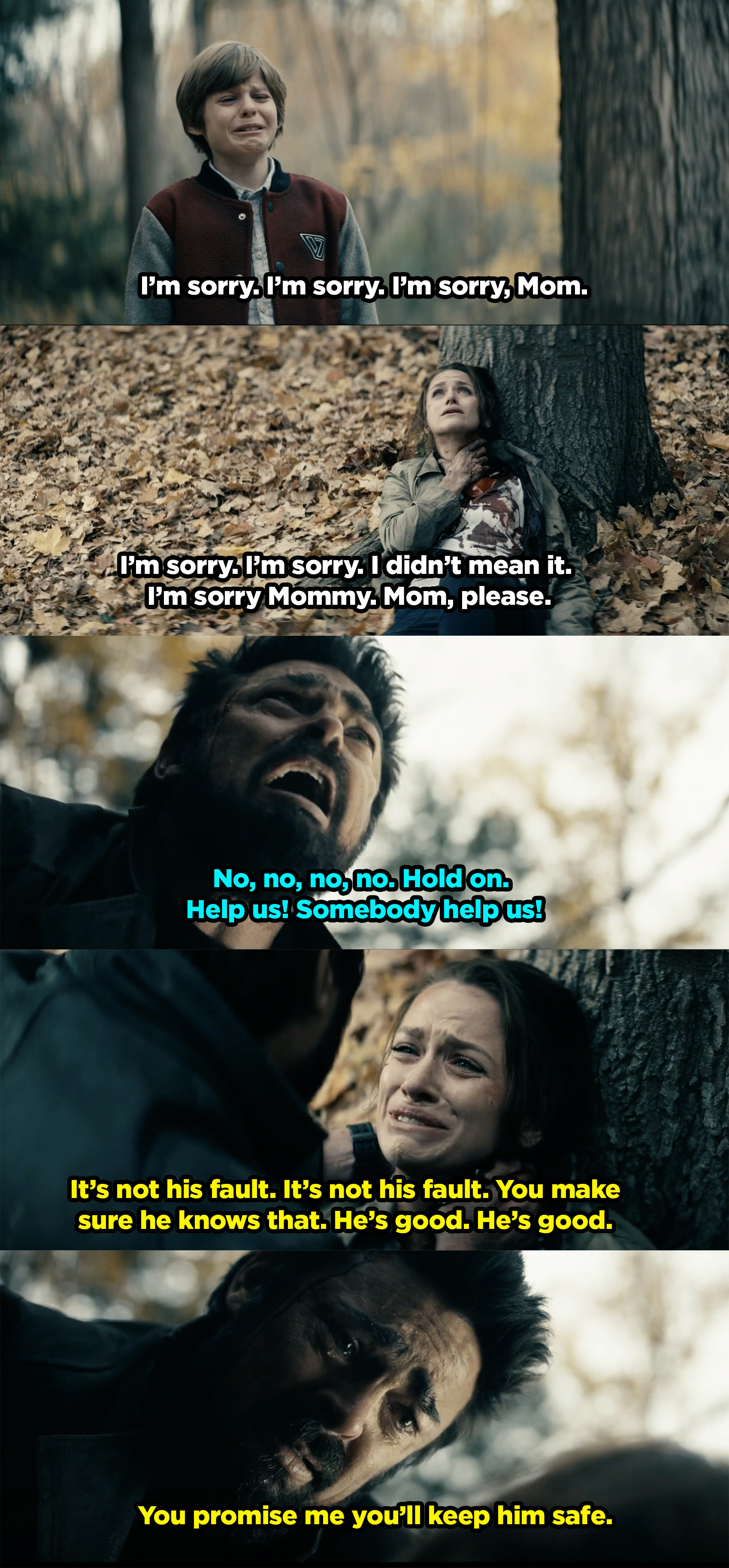 Ryan crying and asking for his mom's forgiveness while she tells Butcher to make sure he knows it's not his fault, and promise to take care of Ryan. 