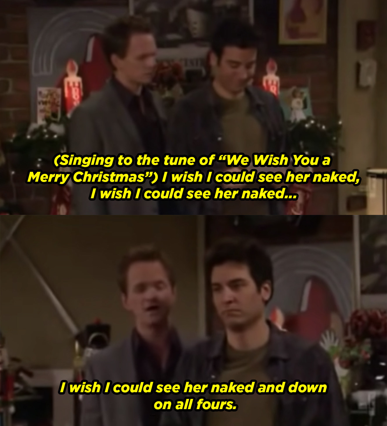 Barney sings about how he wishes he could see a woman naked and on all fours.
